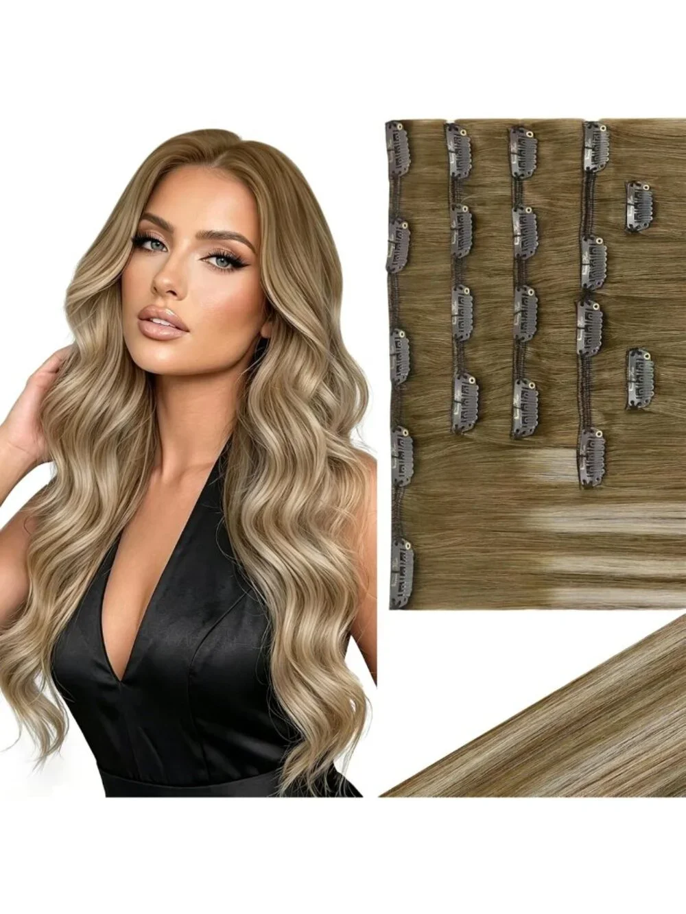 18-Inch Real Human Hair Clip-In Extensions - Balayage Natural Look, Easy Style